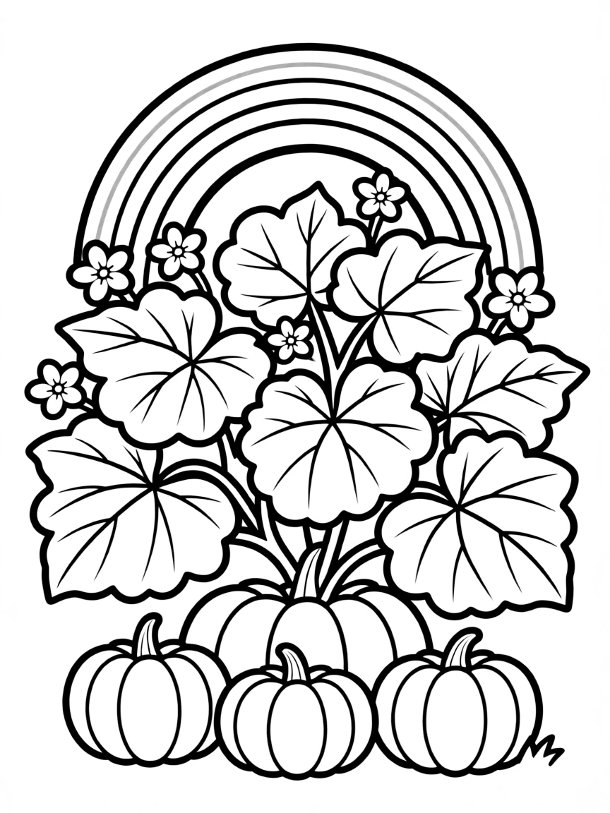 A pumpkin shrub with big leaves and blossoms under a rainbow