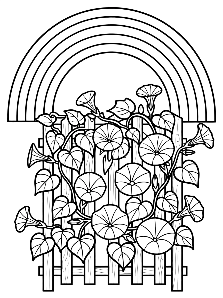 A vine of morning glories climbing a trellis under a rainbow