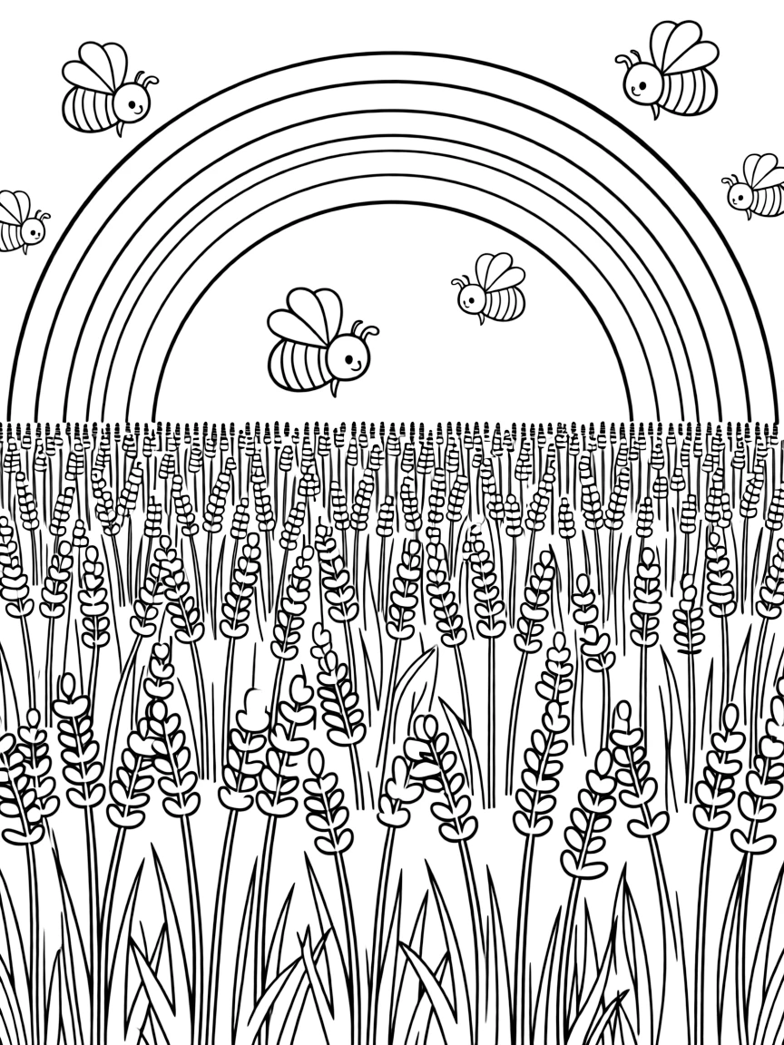 A field of lavender with bees flying above under a rainbow