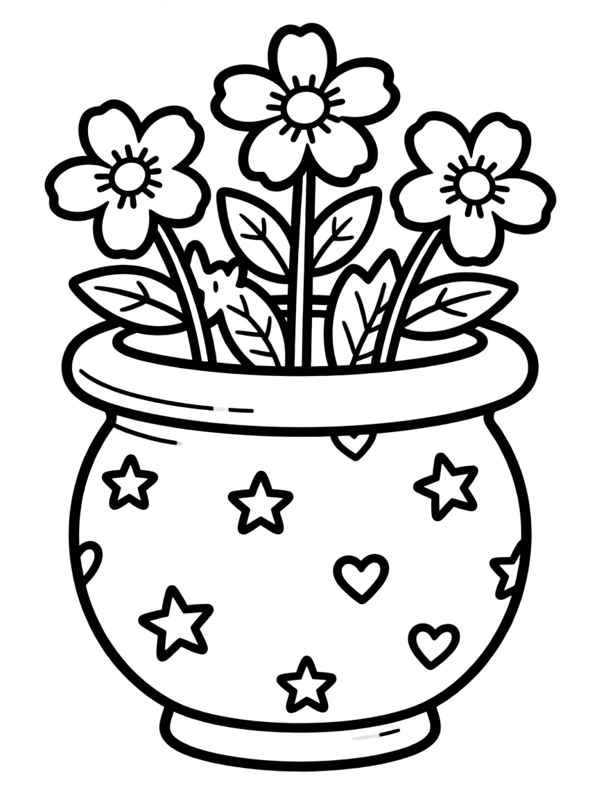 A blossompot painted with stars and hearts