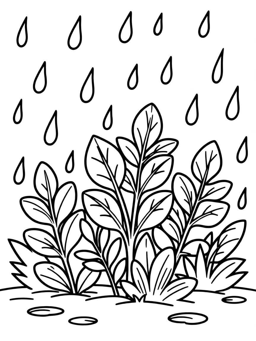 A scene of rain falling on a group of shrubs