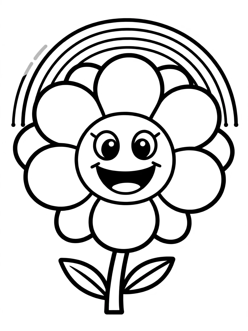 A happy blossom with cartoon eyes and a smile under a rainbow