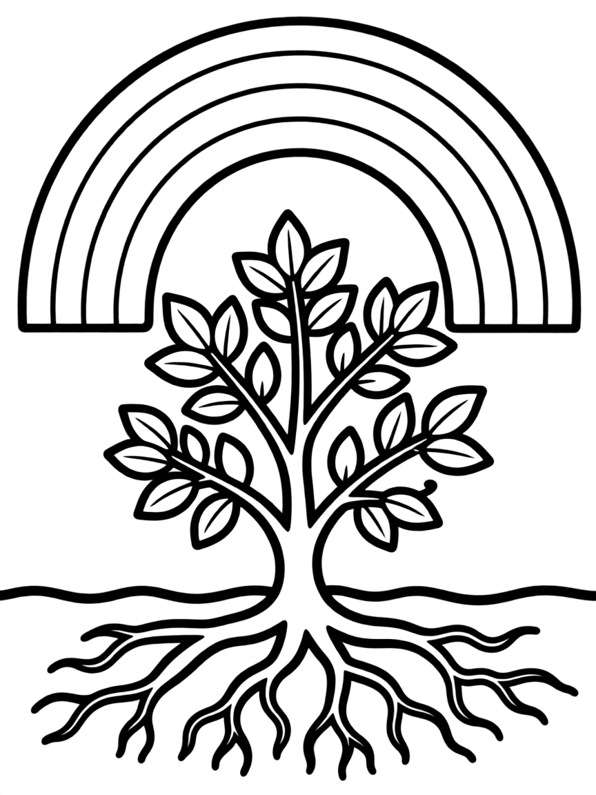 A shrub with roots visible underground under a rainbow