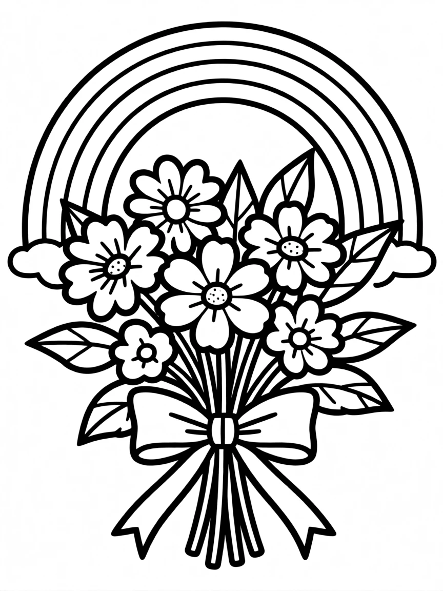 A bunch of wildblossoms tied with a bow under a rainbow