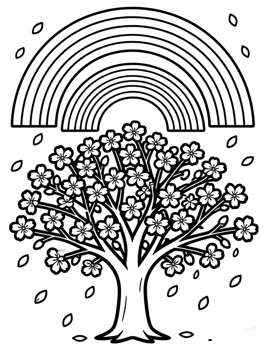 A cherry blossom tree with falling petals under a rainbow under a rainbow under a rainbow