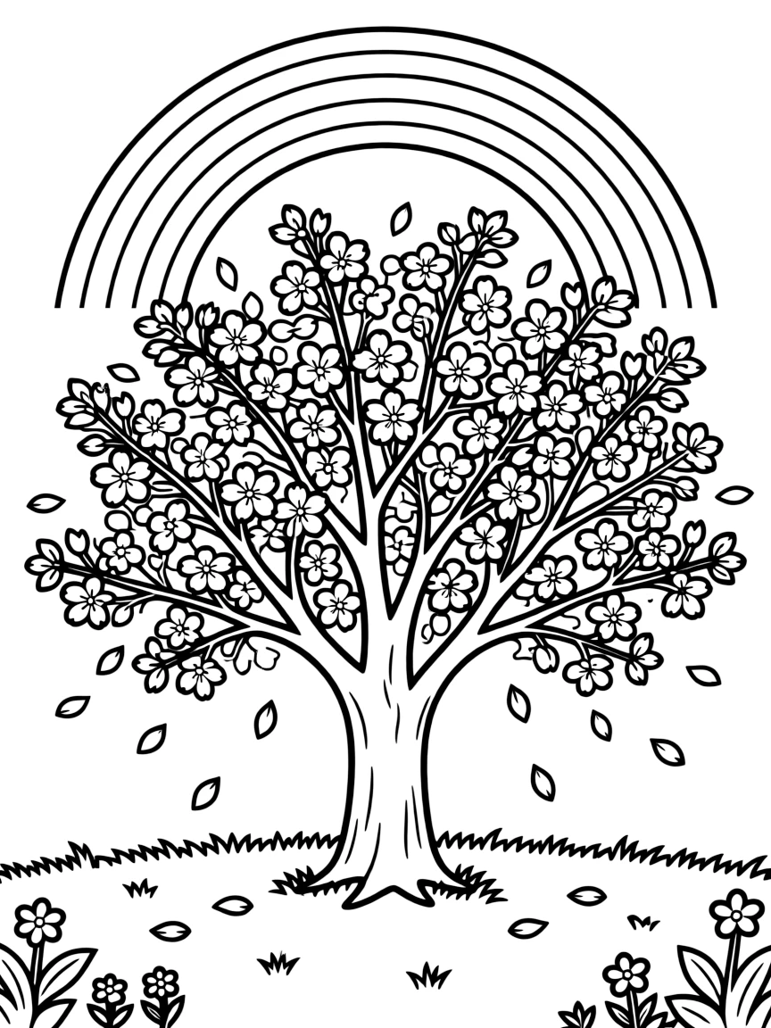 A cherry blossom tree with falling petals under a rainbow under a rainbow under a rainbow