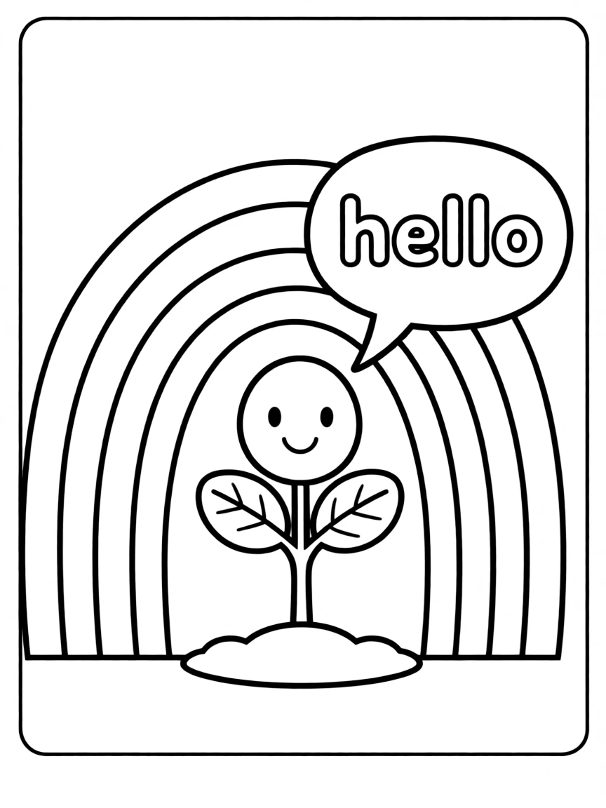 A tiny sprout saying 'hello' with a speech bubble under a rainbow