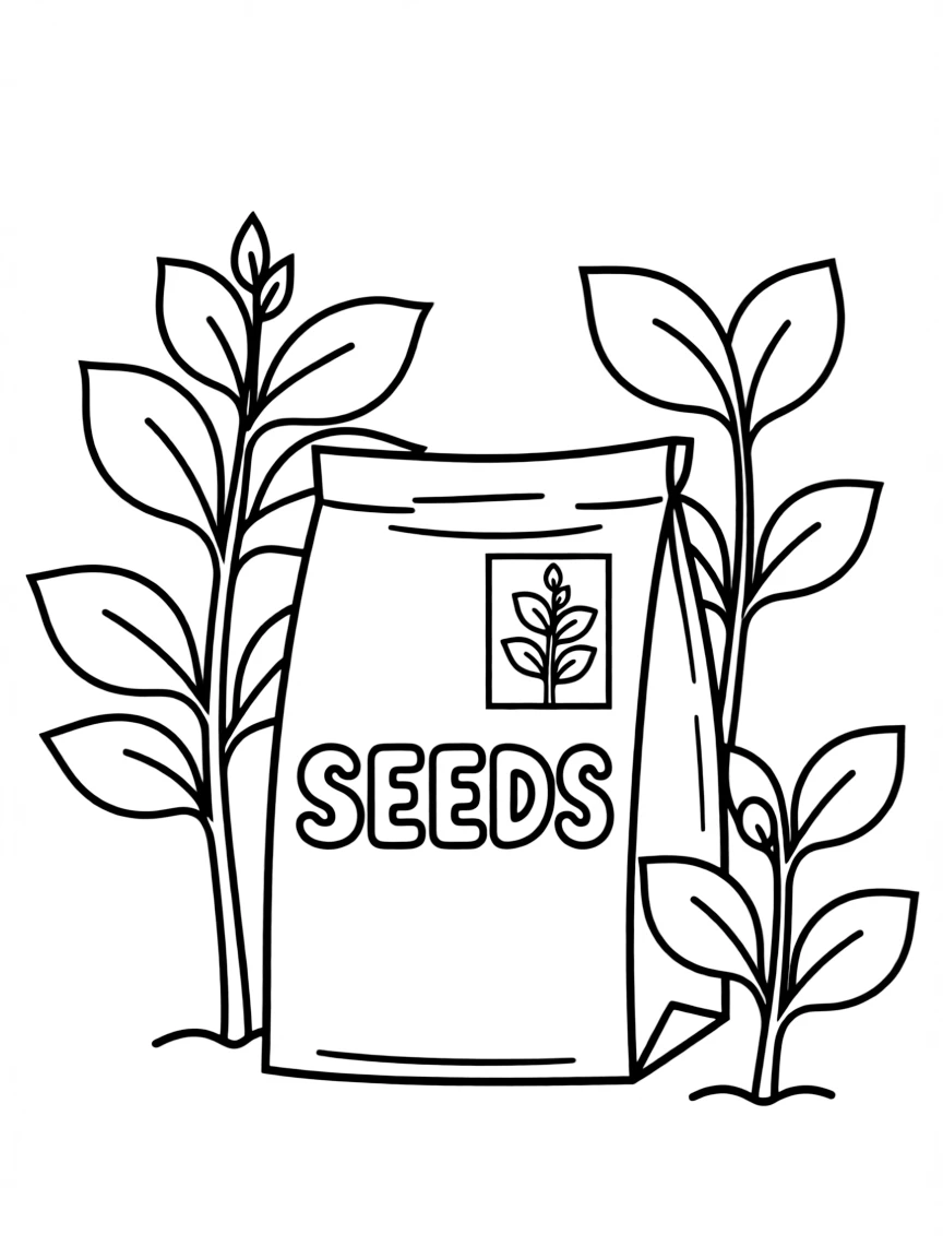 A seed packet with shrubs growing around it