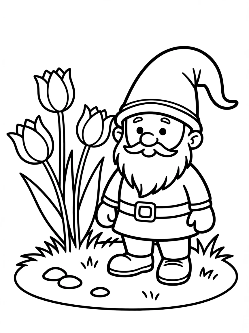 A meadow gnome standing beside a tulip patch