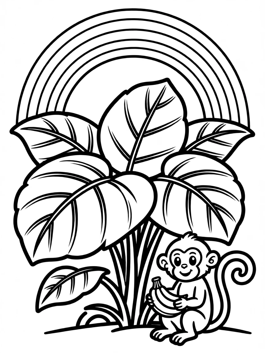 A jungle shrub with giant leaves and a monkey under a rainbow