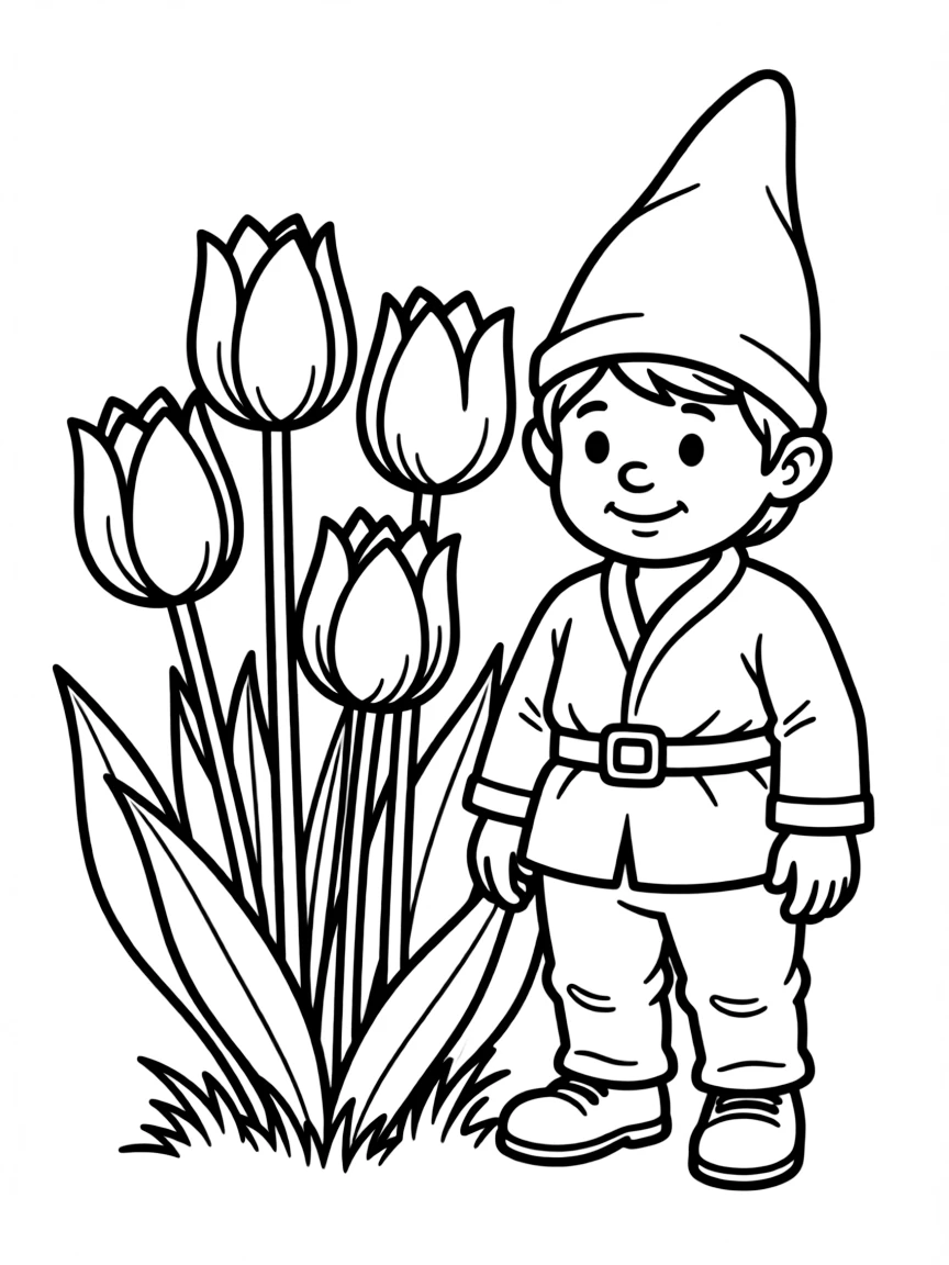 A meadow gnome standing beside a tulip patch