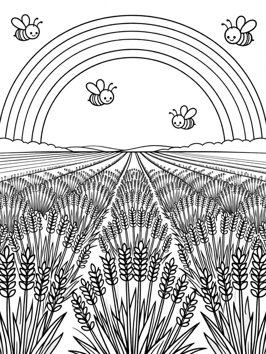 A field of lavender with bees flying above under a rainbow