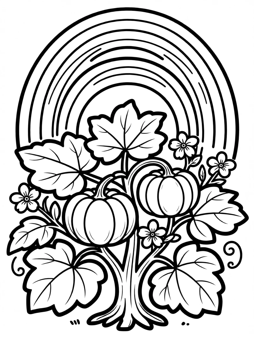 A pumpkin shrub with big leaves and blossoms under a rainbow under a rainbow under a rainbow