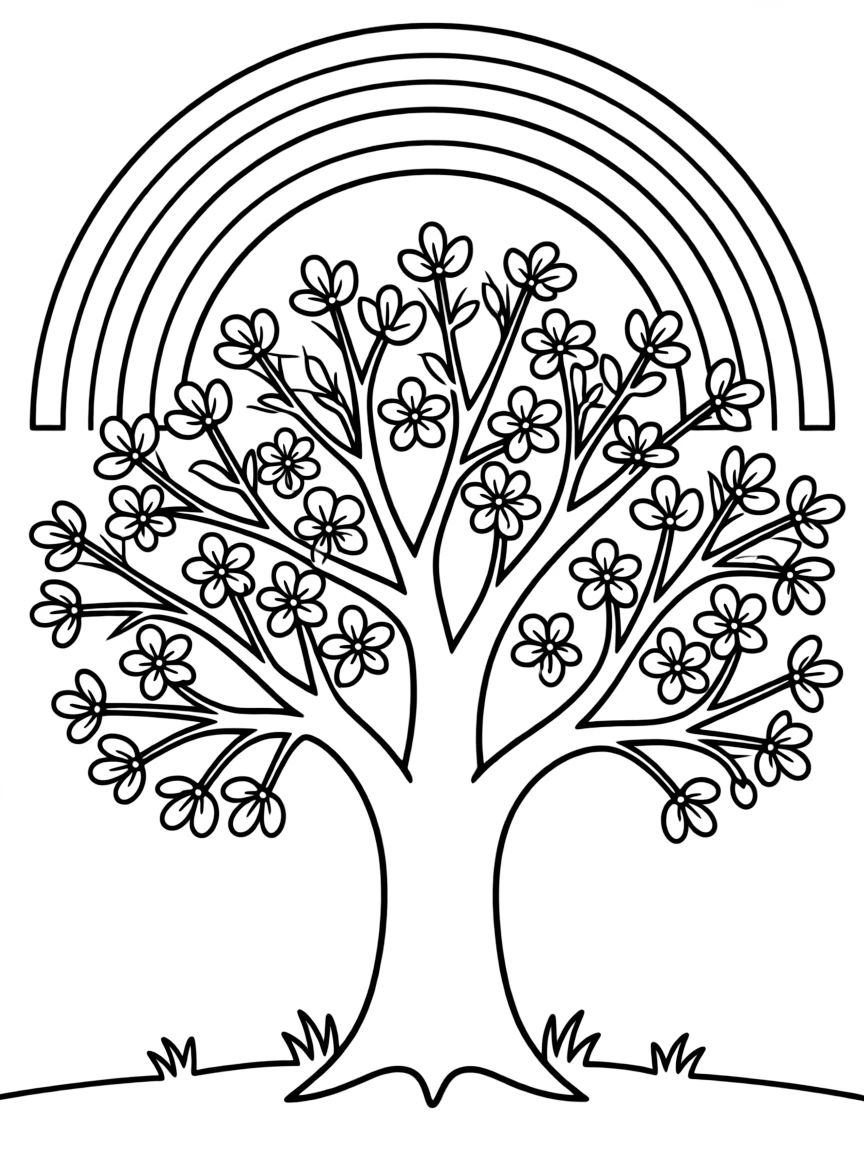A tree with blossoms blooming on every branch under a rainbow
