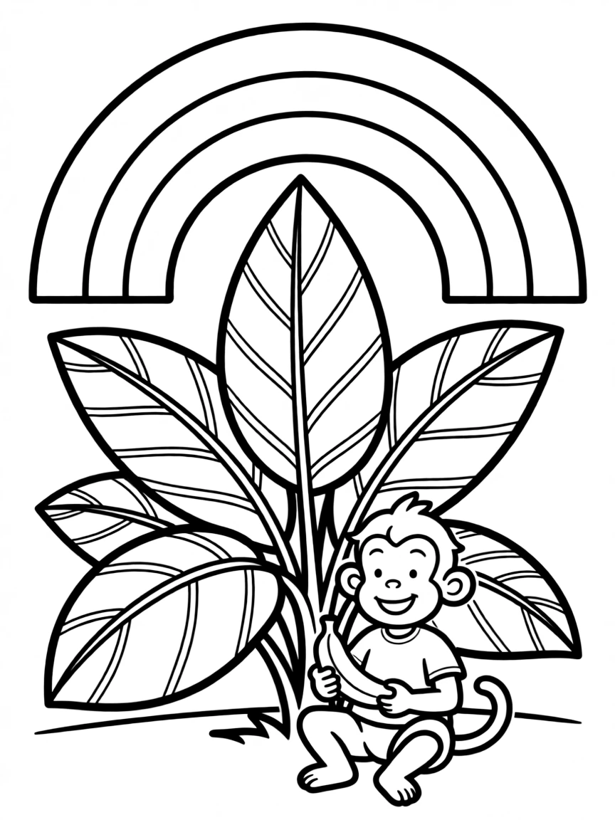 A jungle shrub with giant leaves and a monkey under a rainbow under a rainbow