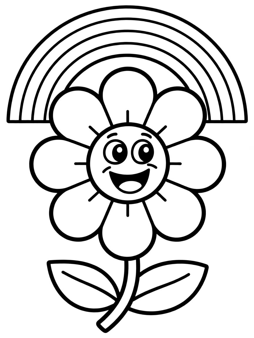 A happy blossom with cartoon eyes and a smile under a rainbow