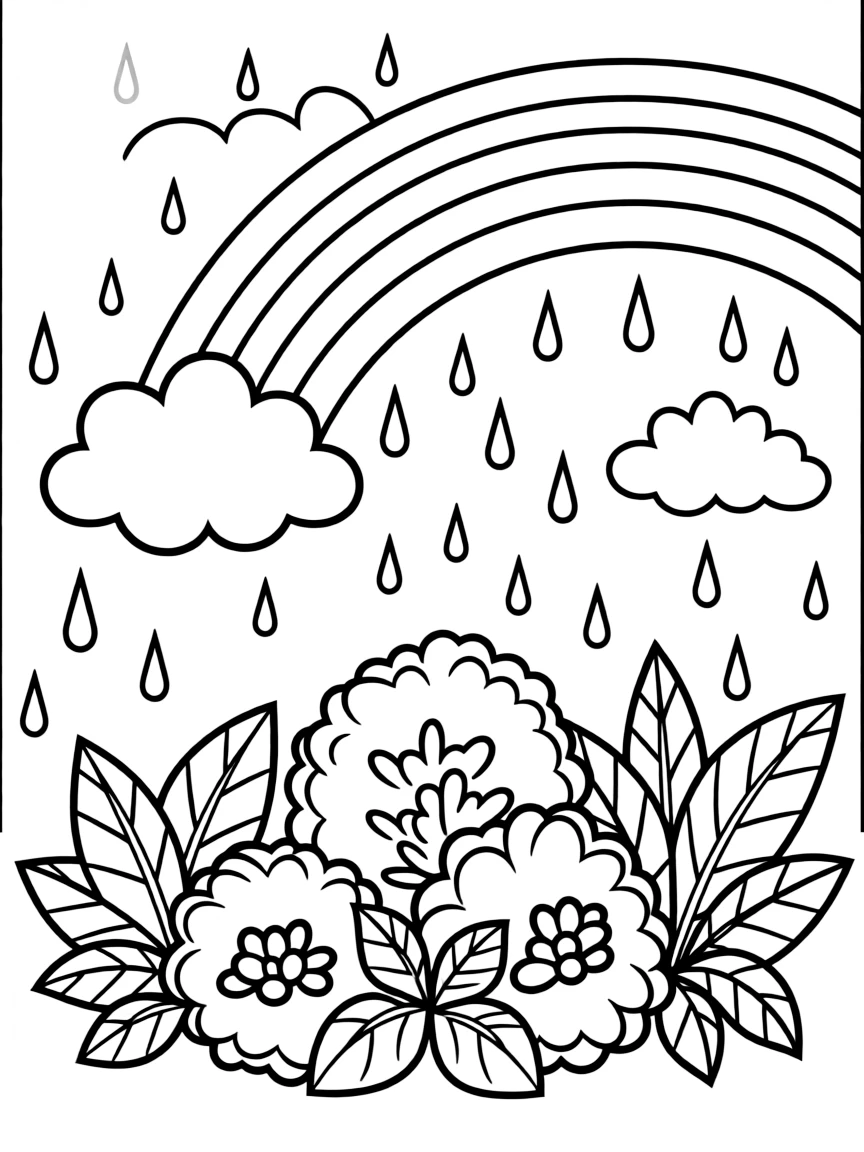 A scene of rain falling on a group of shrubs under a rainbow under a rainbow
