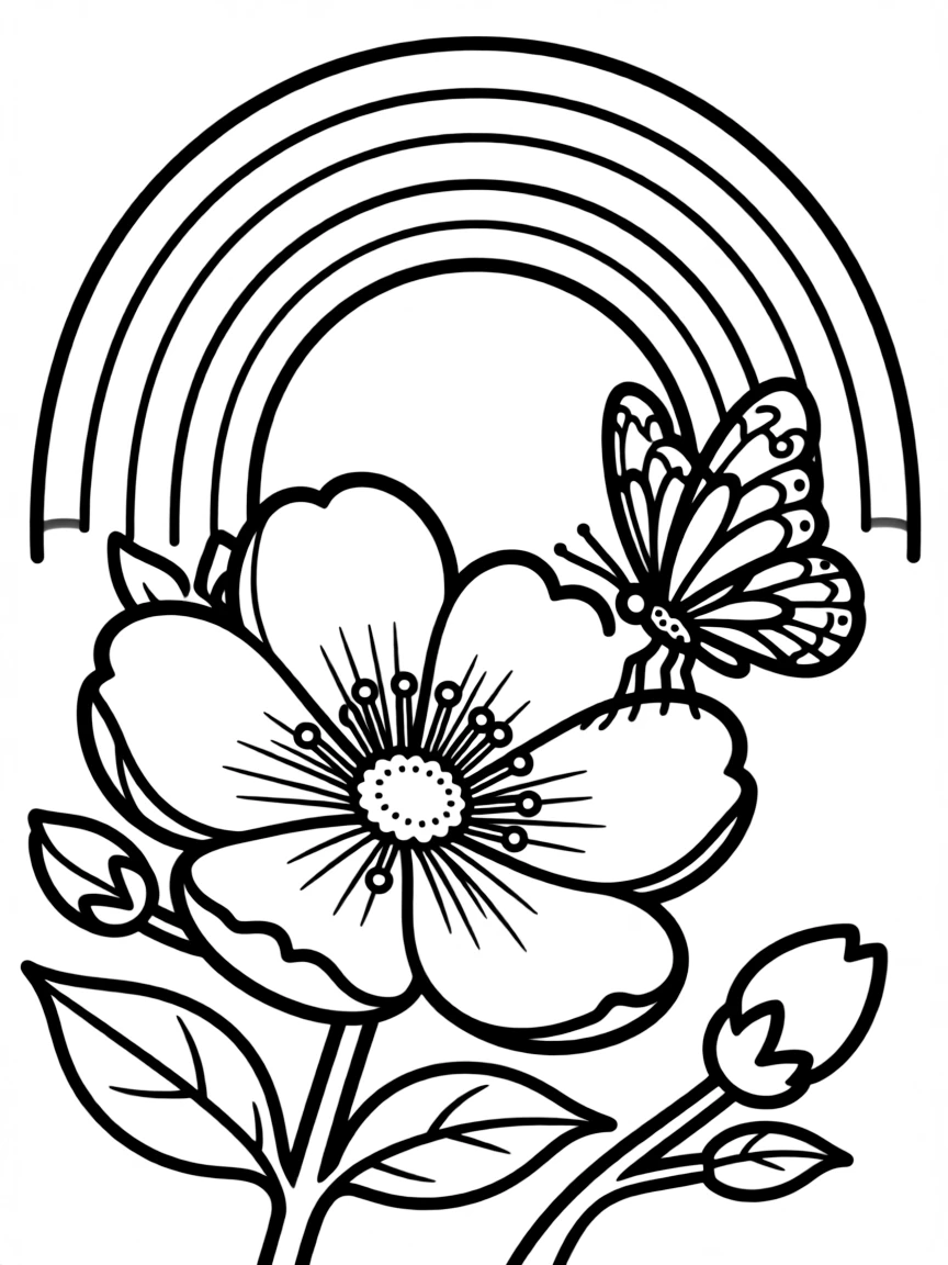 A butterfly landing on a blossom in bloom under a rainbow