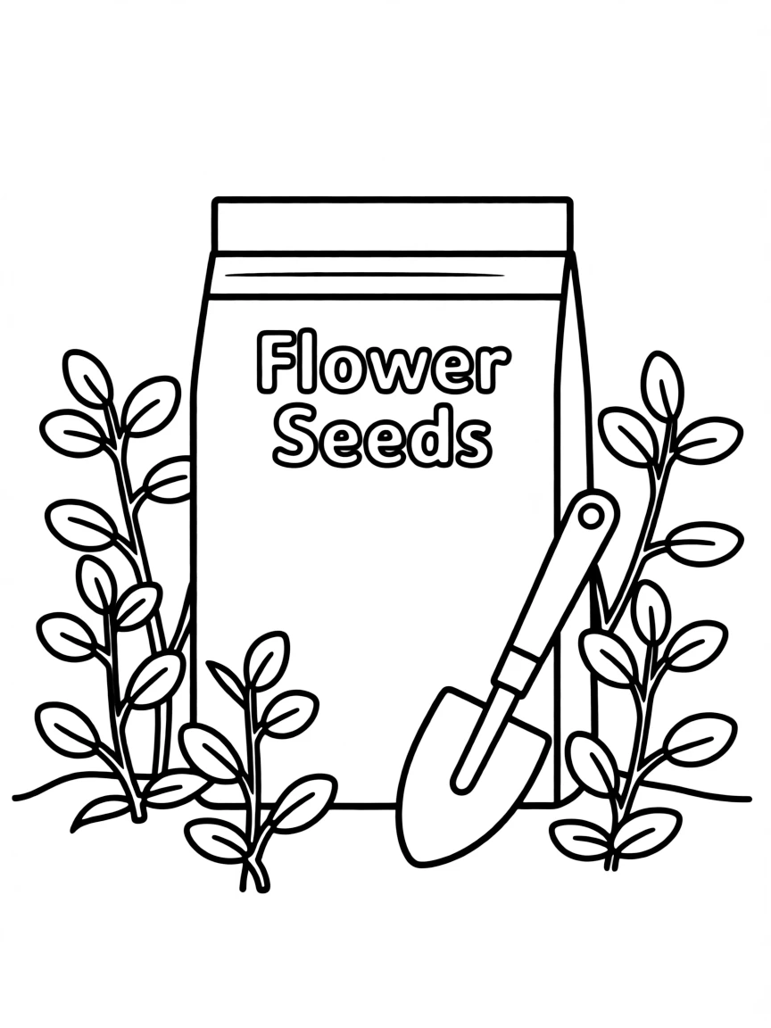 A seed packet with shrubs growing around it