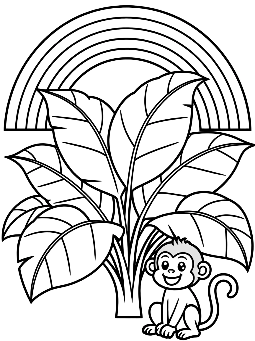A jungle shrub with giant leaves and a monkey under a rainbow under a rainbow