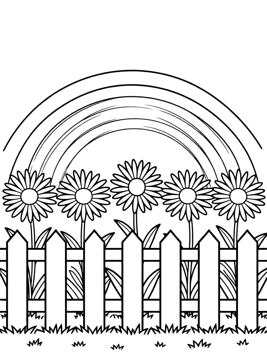A row of daisies growing along a white picket fence under a rainbow