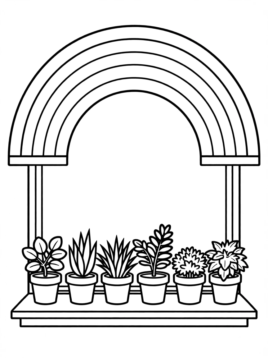 A row of potted houseshrubs on a windowsill under a rainbow