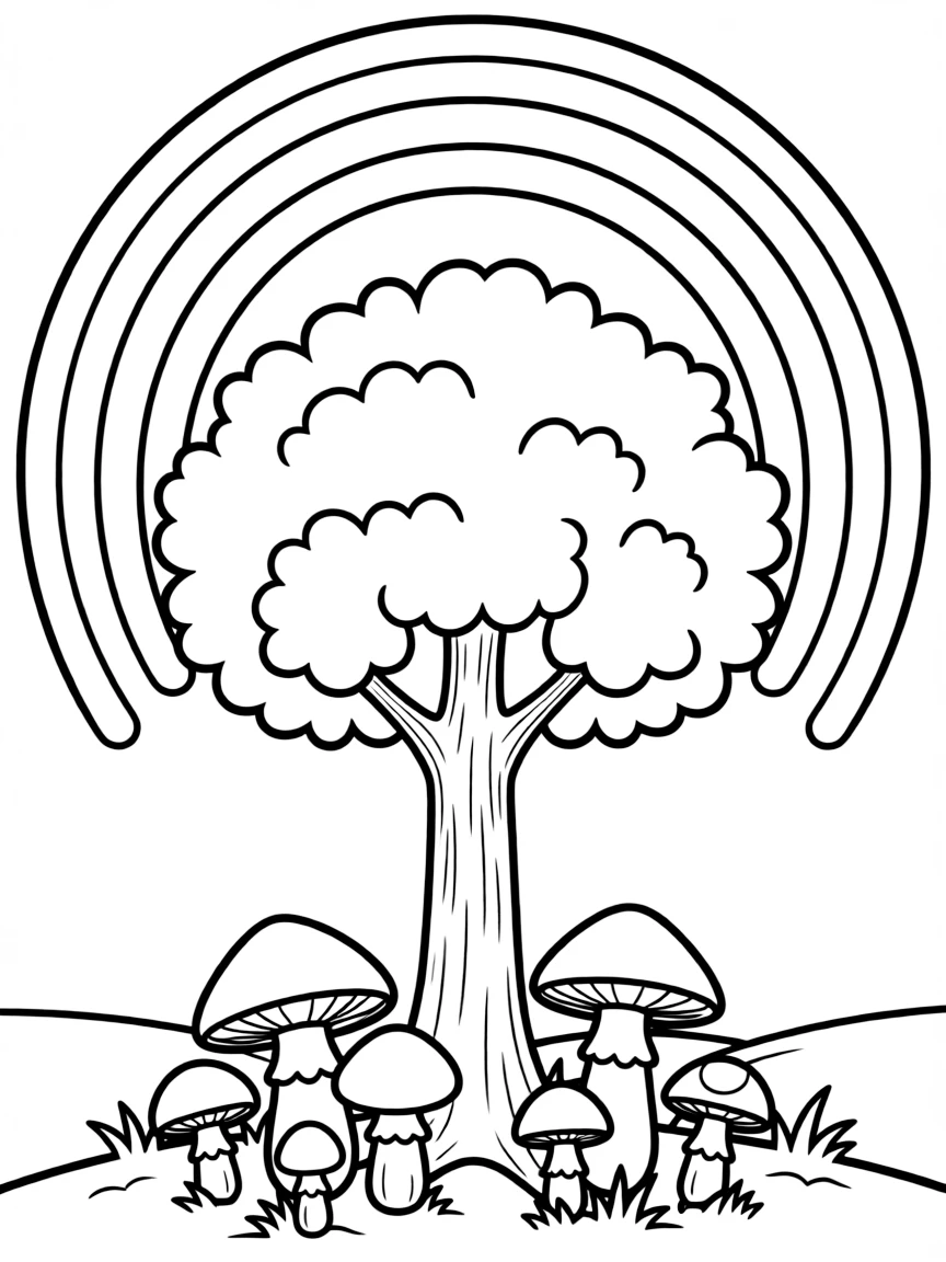 A mushroom patch under a tree under a rainbow
