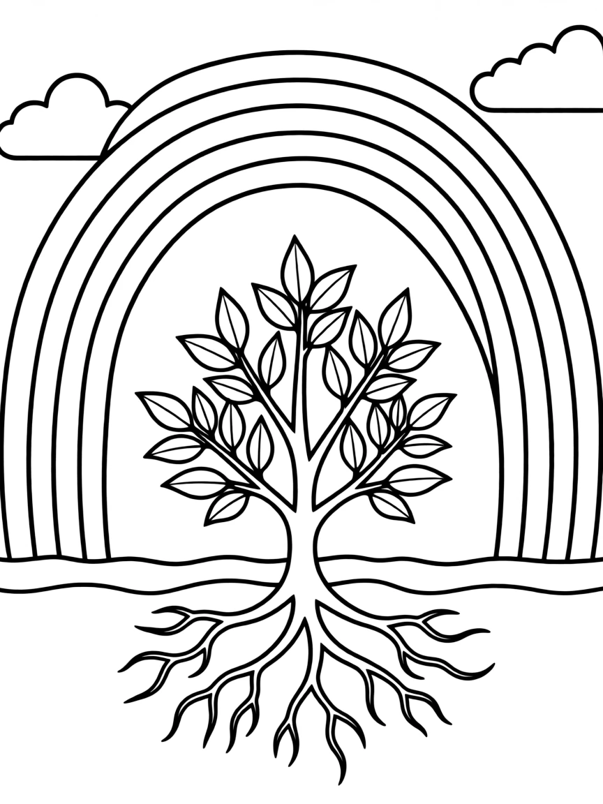A shrub with roots visible underground under a rainbow
