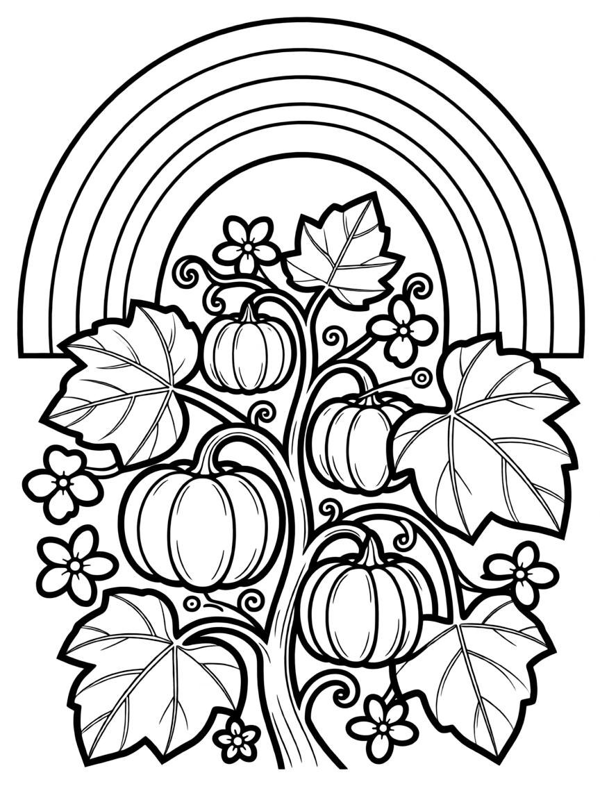 A pumpkin shrub with big leaves and blossoms under a rainbow