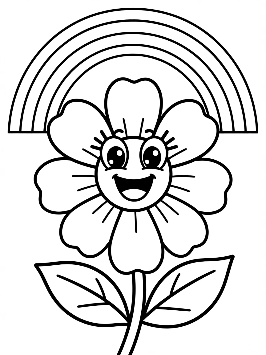 A happy blossom with cartoon eyes and a smile under a rainbow under a rainbow