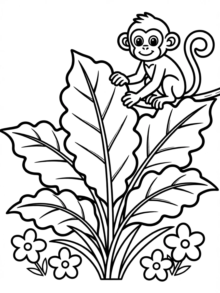 A jungle shrub with giant leaves and a monkey