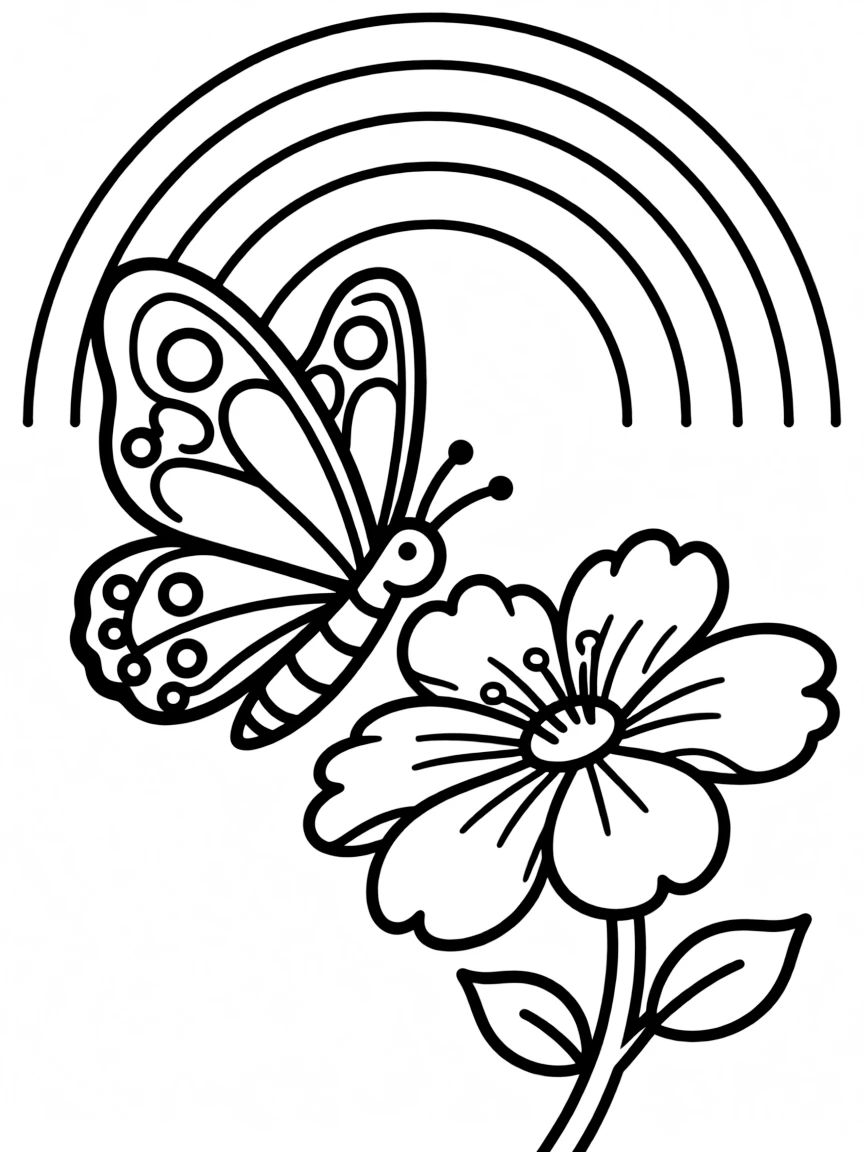 A butterfly landing on a blossom in bloom under a rainbow