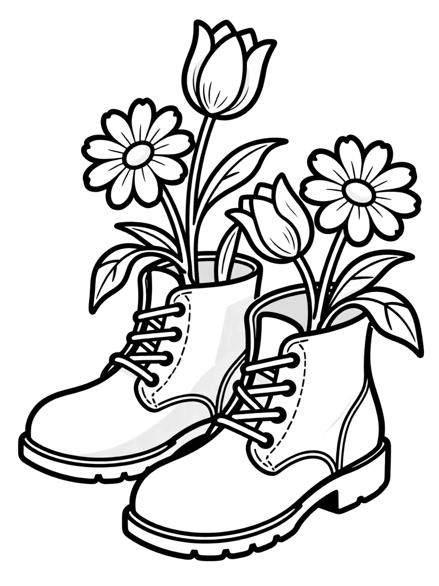 A pair of boots with blossoms growing inside
