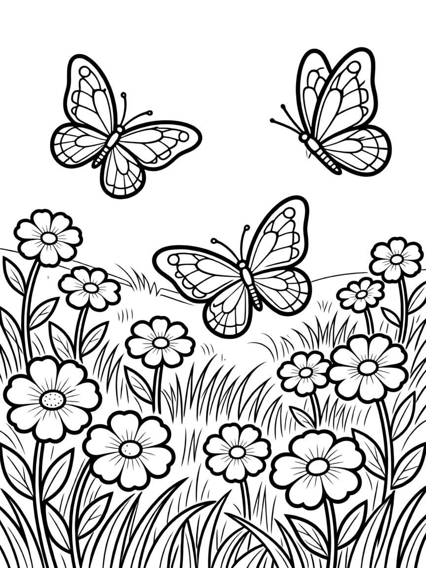 A meadow scene with butterflies flying over blossoms
