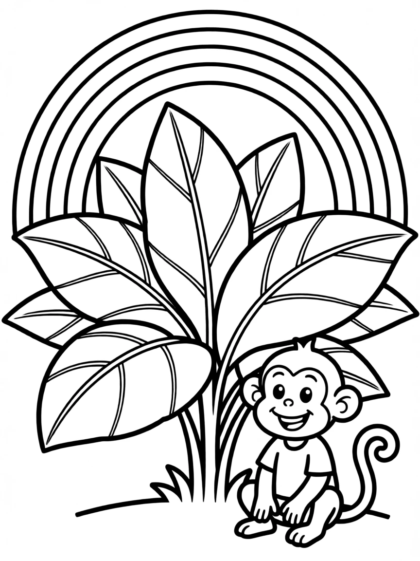 A jungle shrub with giant leaves and a monkey under a rainbow