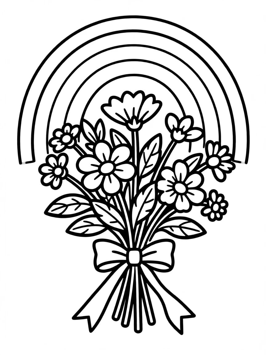 A bunch of wildblossoms tied with a bow under a rainbow
