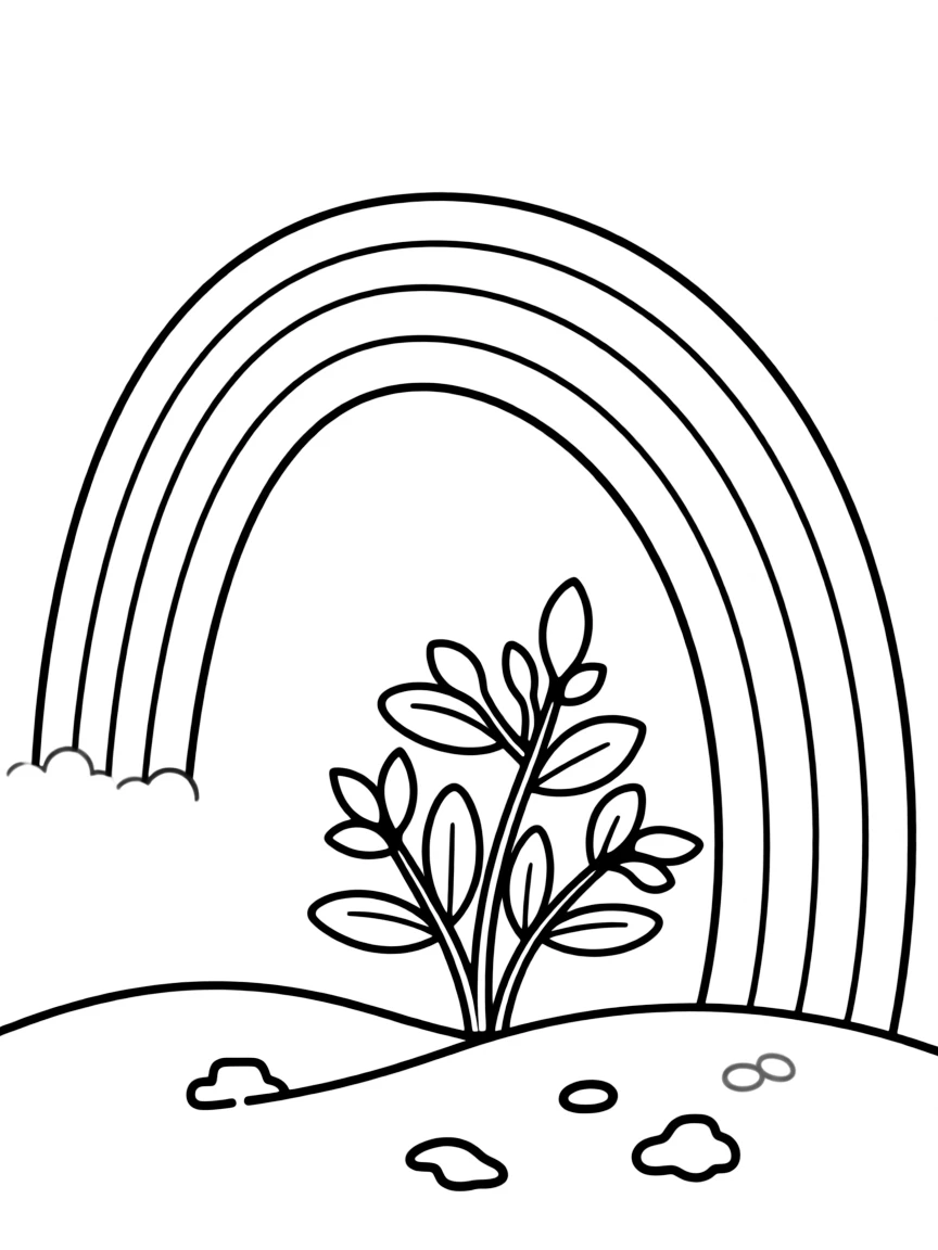 A small shrub sprouting from the ground under a rainbow