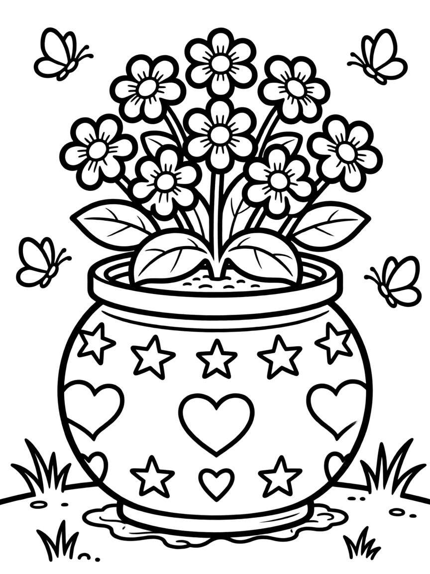 A blossompot painted with stars and hearts