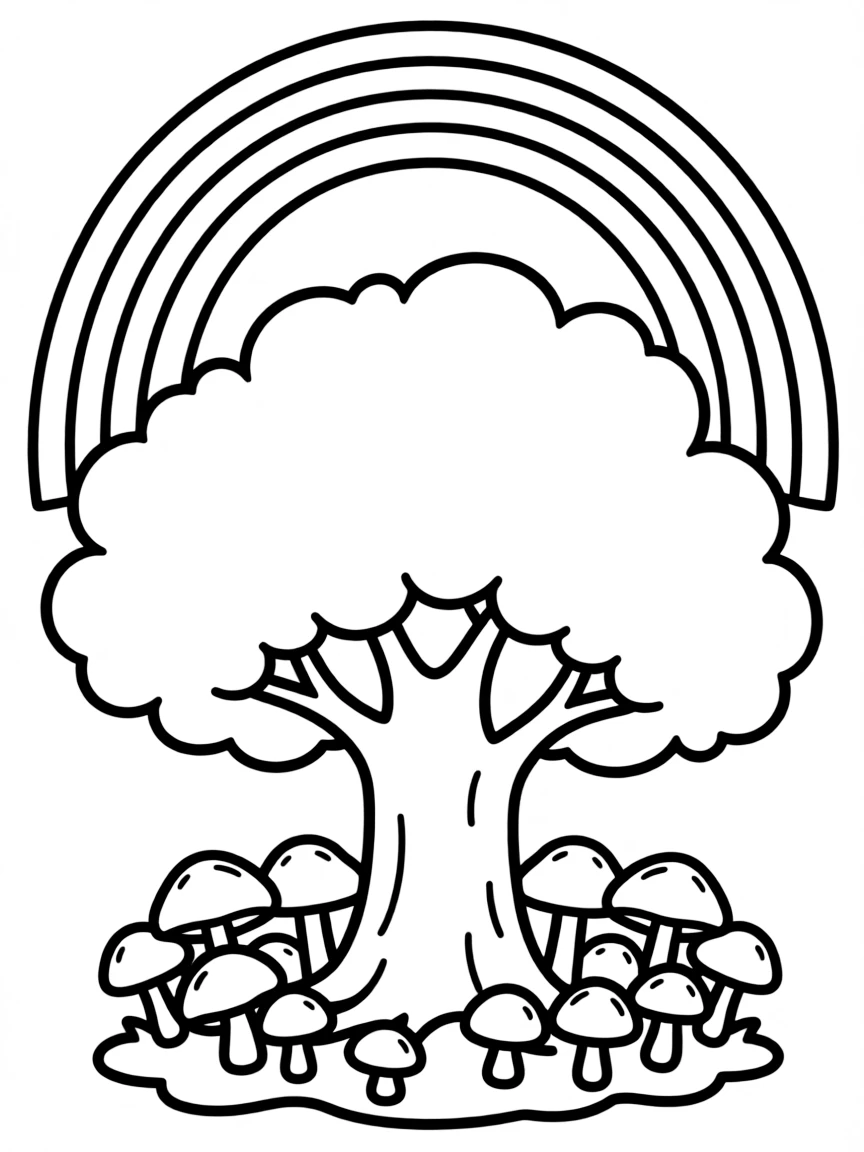 A mushroom patch under a tree under a rainbow