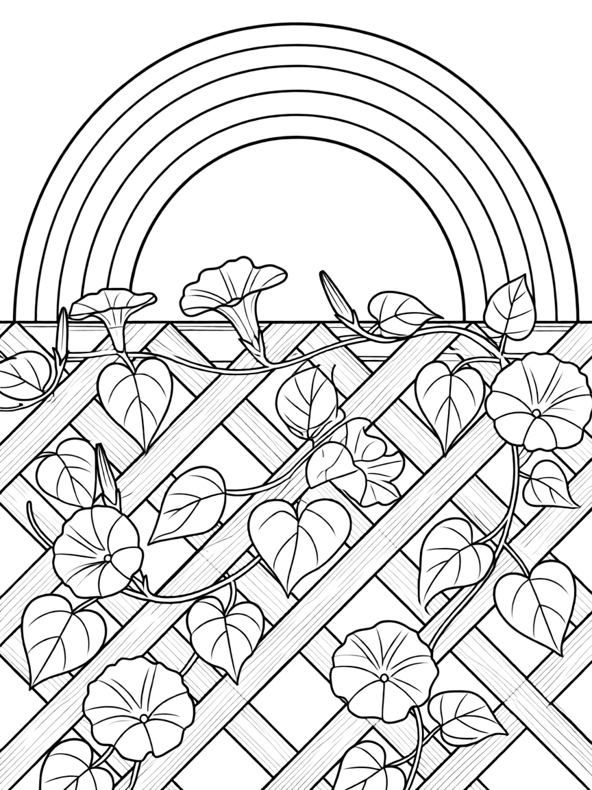 A vine of morning glories climbing a trellis under a rainbow