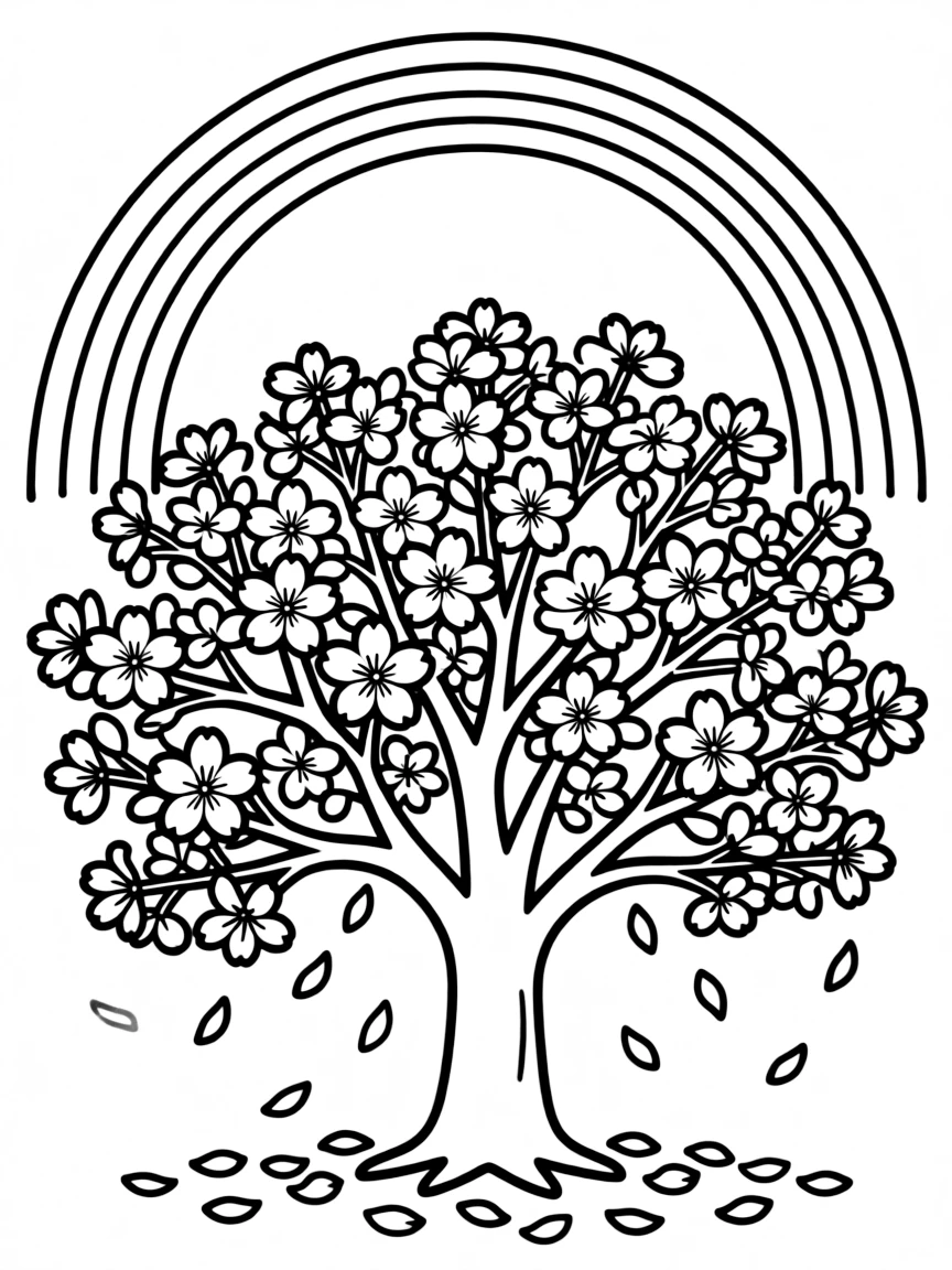 A cherry blossom tree with falling petals under a rainbow under a rainbow