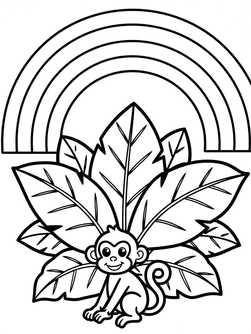 A jungle shrub with giant leaves and a monkey under a rainbow under a rainbow