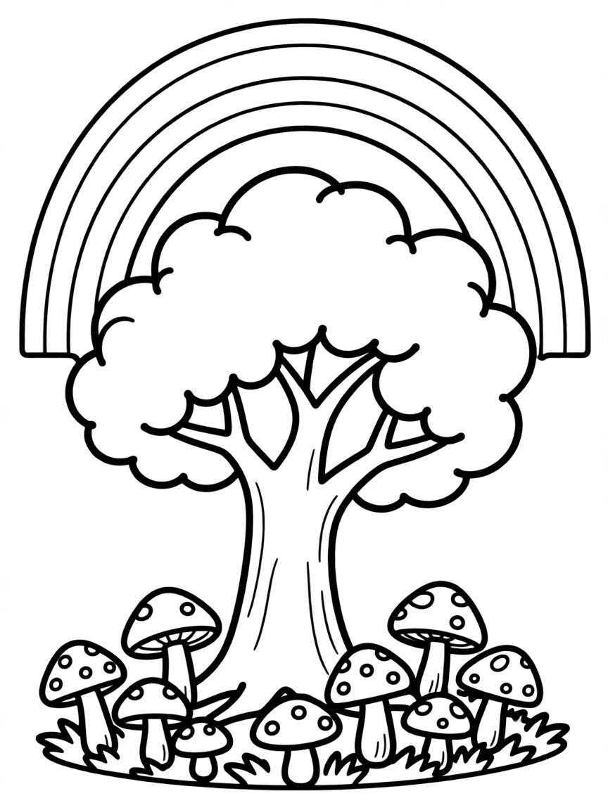 A mushroom patch under a tree under a rainbow