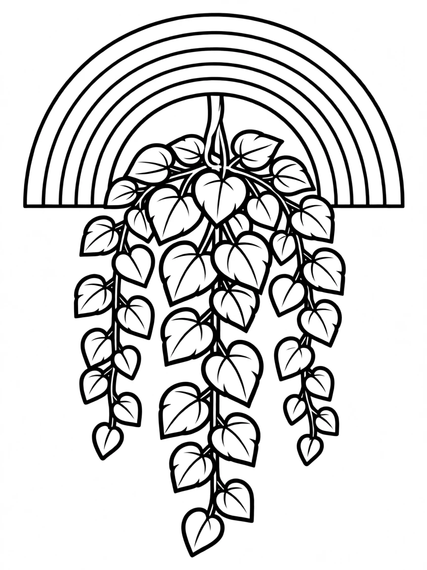 A hanging shrub with vines and leaves under a rainbow