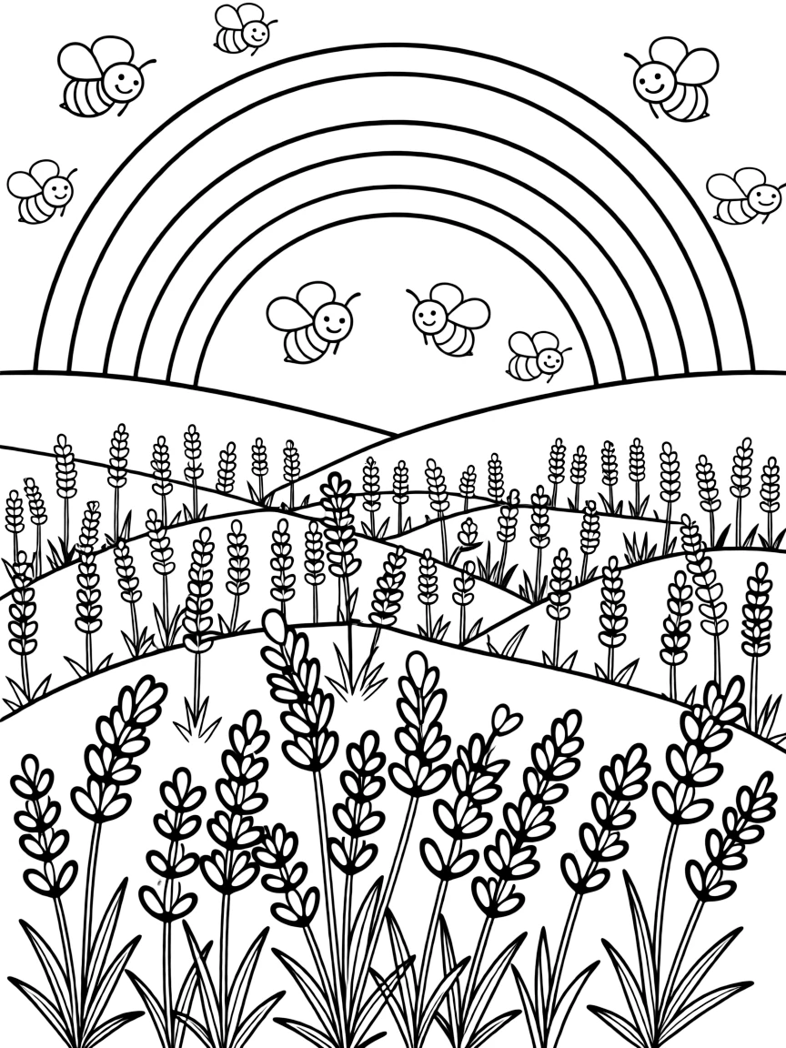 A field of lavender with bees flying above under a rainbow under a rainbow