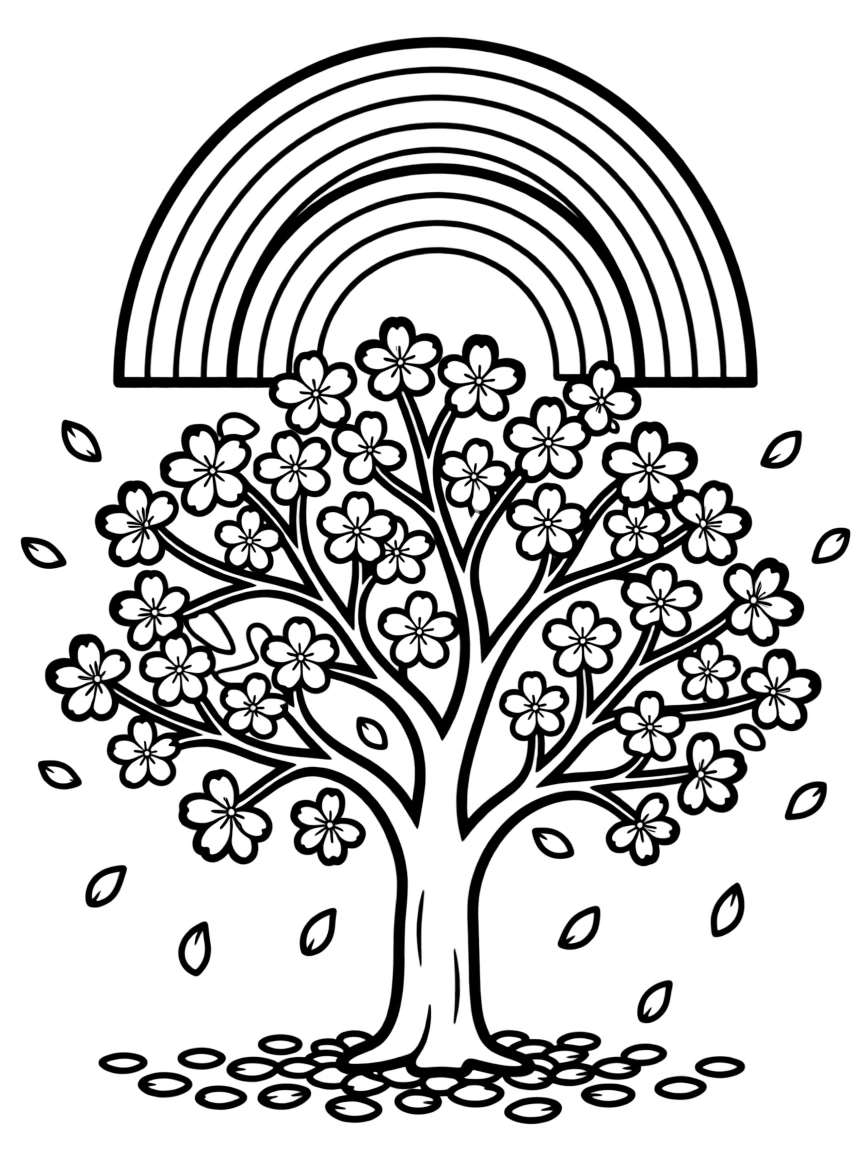 A cherry blossom tree with falling petals under a rainbow under a rainbow under a rainbow
