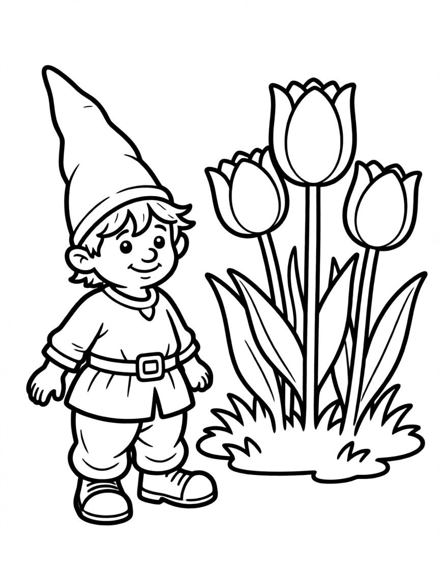 A meadow gnome standing beside a tulip patch