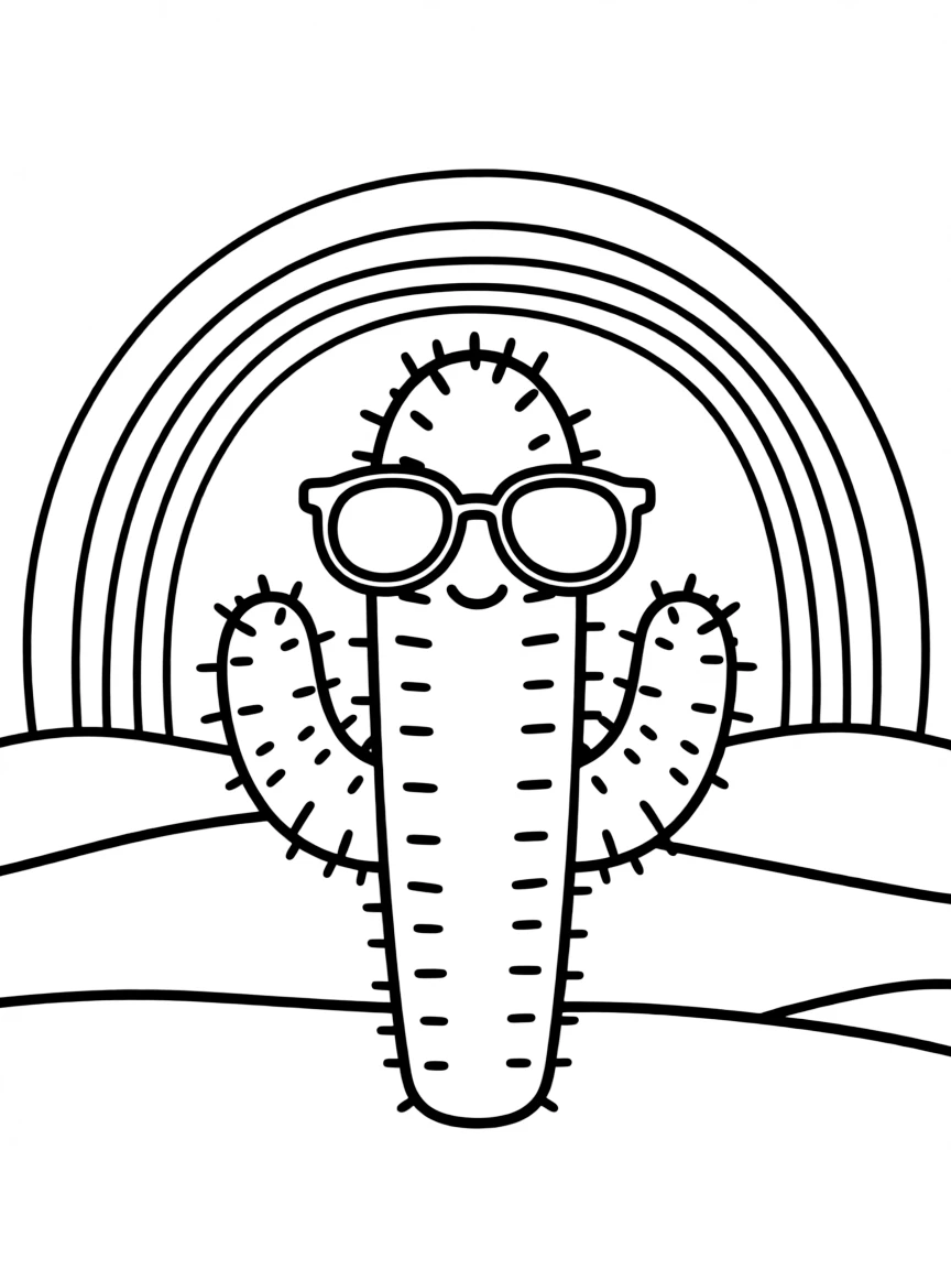A cactus wearing sunglasses in the desert under a rainbow
