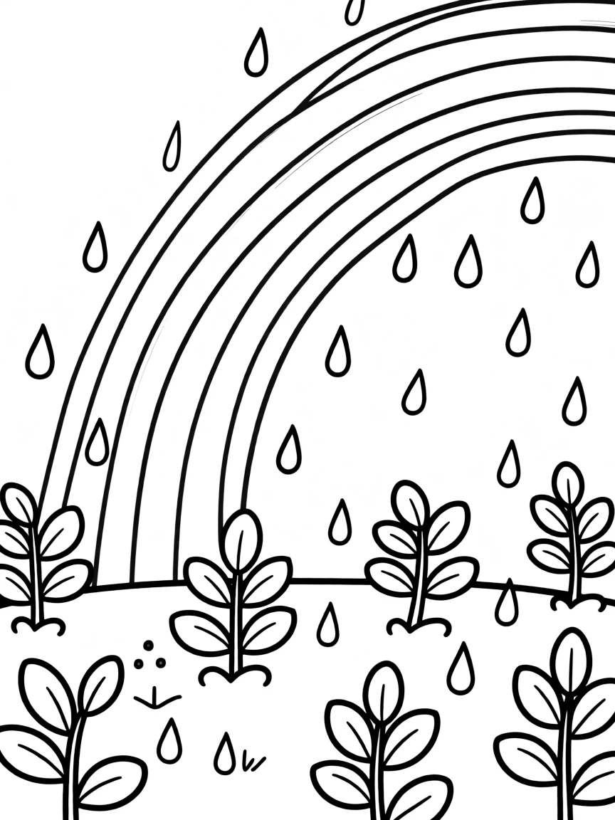 A scene of rain falling on a group of shrubs under a rainbow under a rainbow