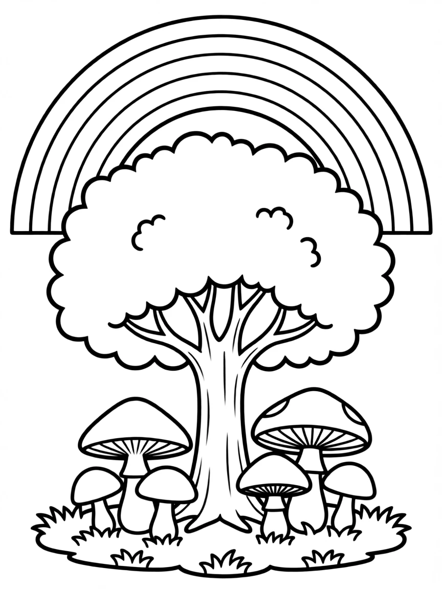 A mushroom patch under a tree under a rainbow